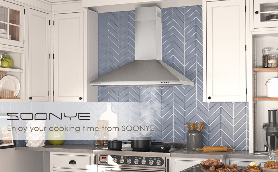 SOONYE 36 inch Stainless Steel Wall Mount Range Hood, 600 CFM Ducted/Ductless Convertible,Kitchen Vent Hood with 3 Speed Controls, 5-Layer Aluminum Filters, 2 LED Lights