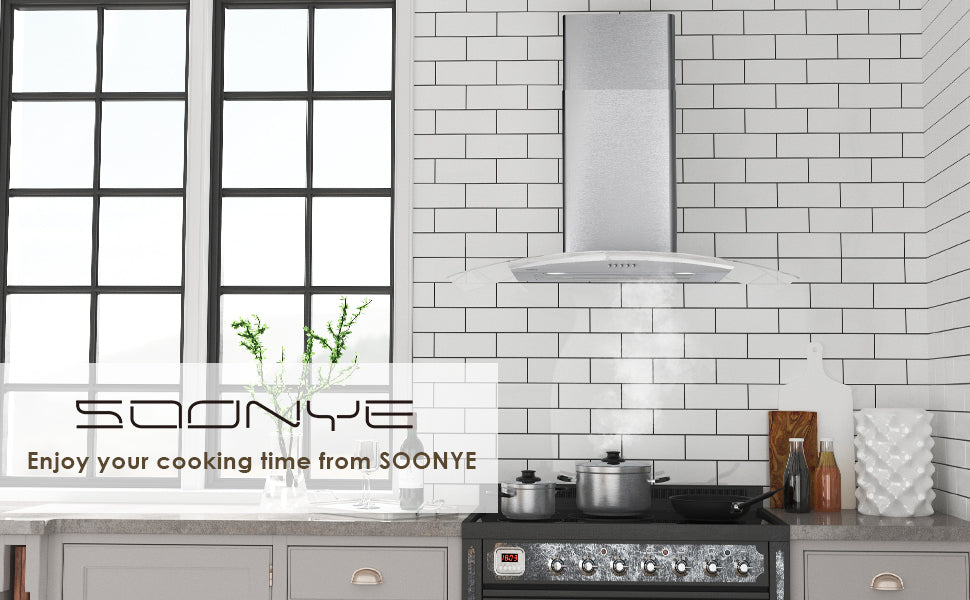 SOONYE 30 Inch Wall Mounted Curved Glass Range Hood with 450 CFM,Stainless Steel kitchen Ductless/Ducted Convertible with 3 Speed Controls,Permanent Baffle Filters and 2 LED Lights