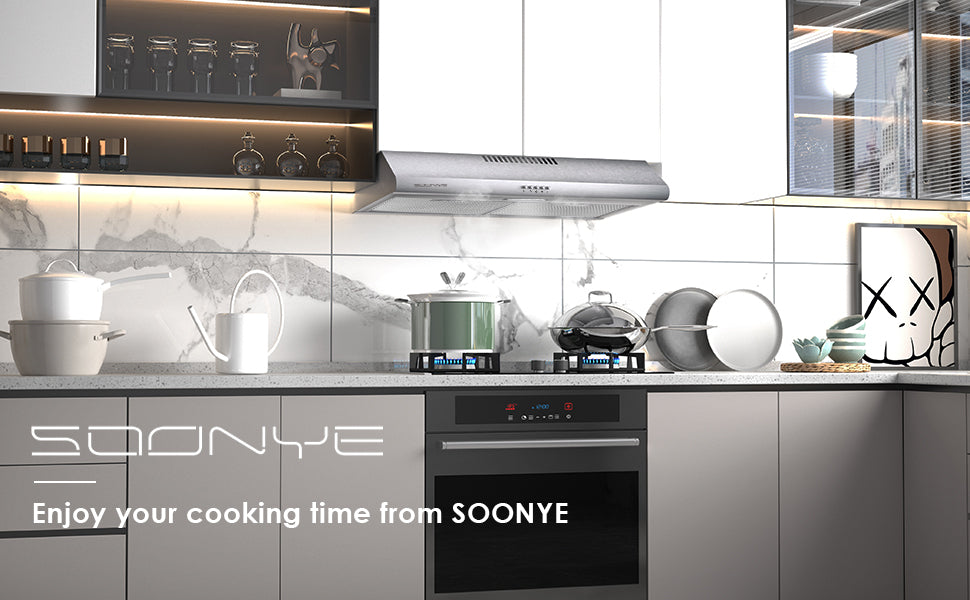 SOONYE 30 inch Stainless Steel Under Cabinet Range Hood, Slim Kitchen Vent Hood Ducted/Ductless Convertible with 3 Speed Controls, 5-Layer Aluminum Filters,LED Lights