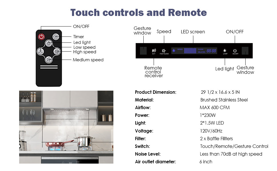 SOONYE Range Hood 30 inch, Insert Range hood 600 CFM Kitchen Vent Stove Hood with 3 Speed Gesture Sensor Touch Control with Remote, Permanent Baffle Filter, Ducted/Ductless Convertible