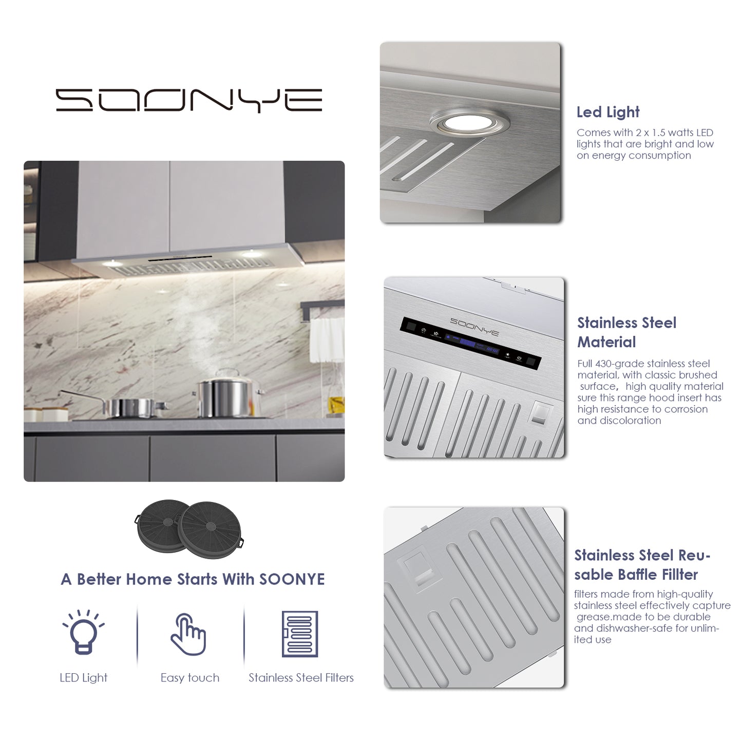 SOONYE Range Hood 30 inch, Insert Range hood 600 CFM Kitchen Vent Stove Hood with 3 Speed Gesture Sensor Touch Control with Remote, Permanent Baffle Filter, Ducted/Ductless Convertible