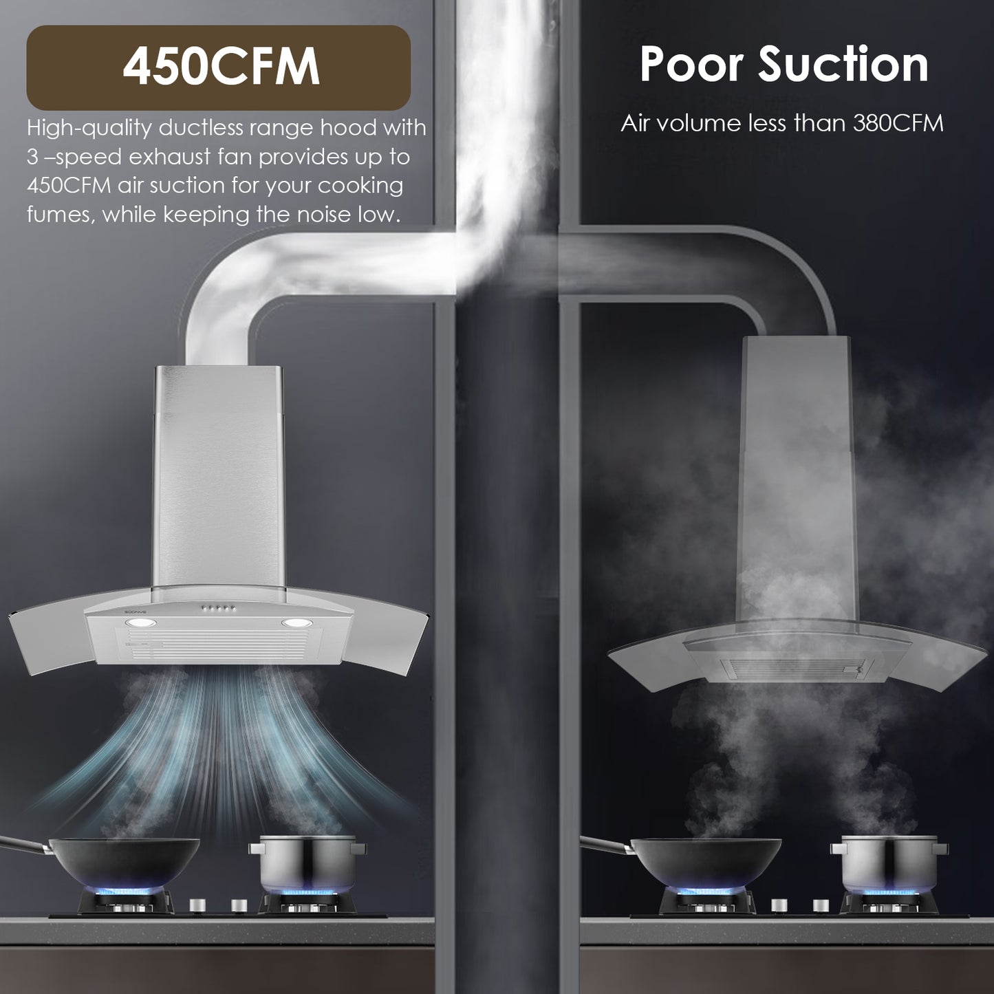 SOONYE 30 Inch Wall Mounted Curved Glass Range Hood with 450 CFM,Stainless Steel kitchen Ductless/Ducted Convertible with 3 Speed Controls,Permanent Baffle Filters and 2 LED Lights