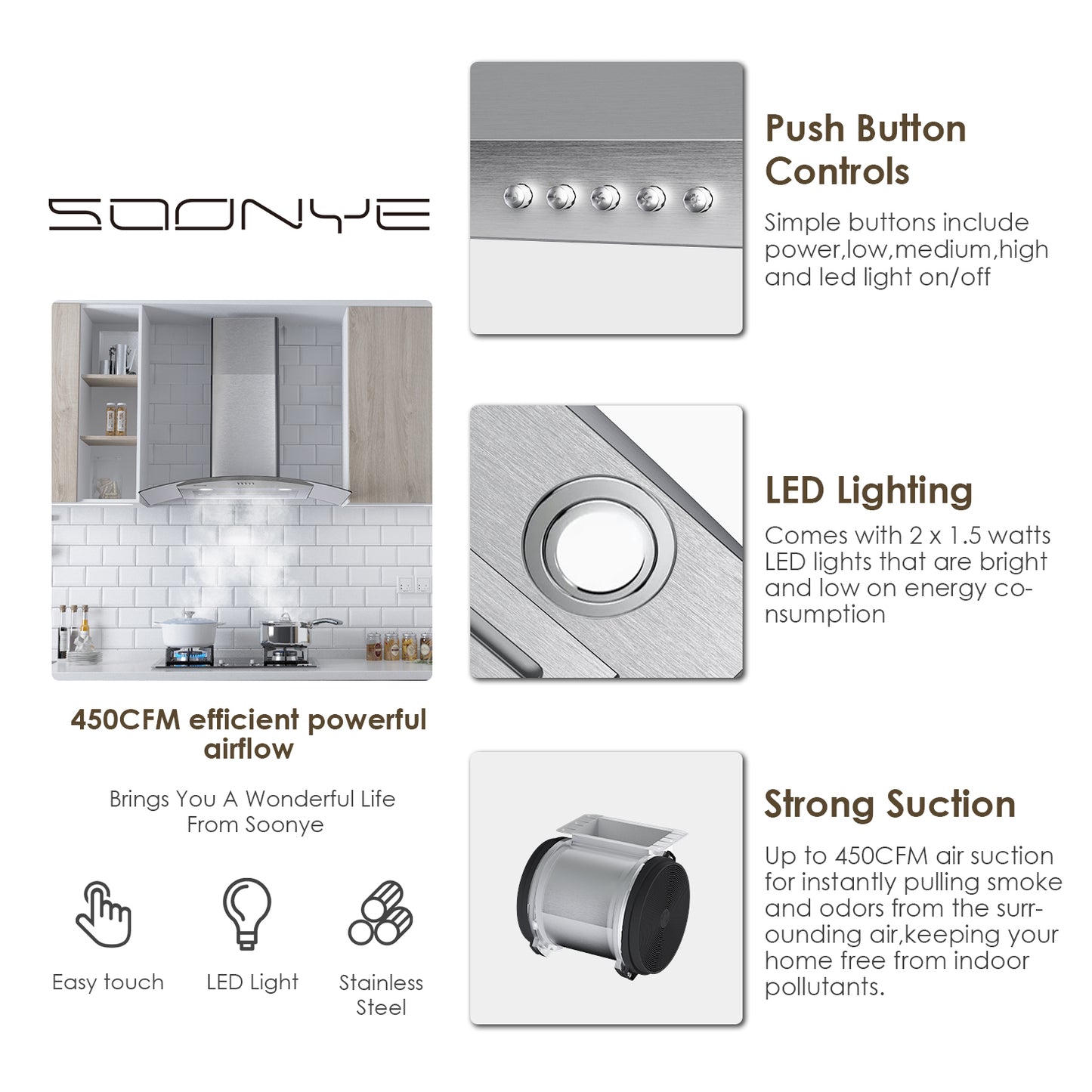 SOONYE 30 Inch Wall Mounted Curved Glass Range Hood with 450 CFM,Stainless Steel kitchen Ductless/Ducted Convertible with 3 Speed Controls,Permanent Baffle Filters and 2 LED Lights