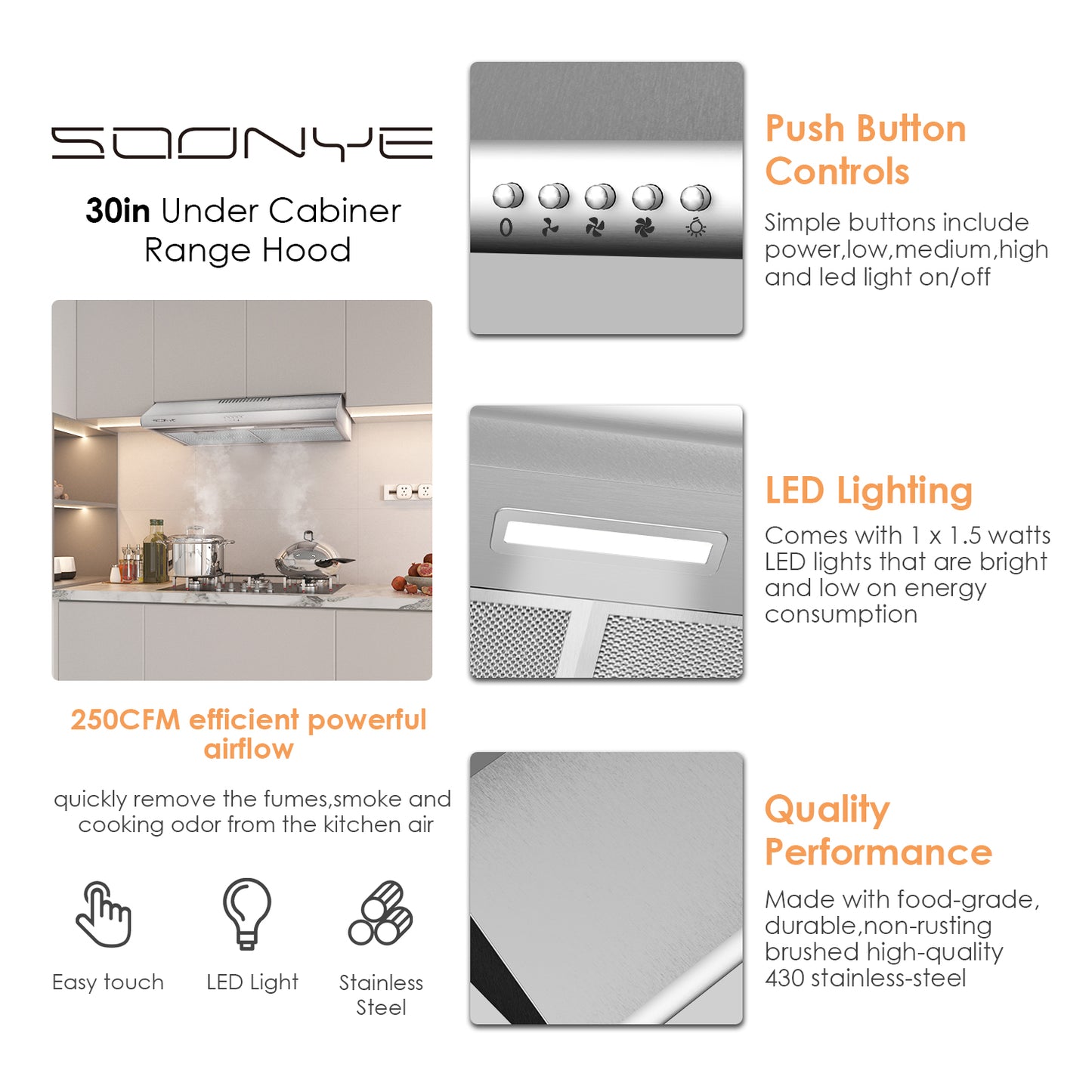 SOONYE 30 inch Stainless Steel Under Cabinet Range Hood, Slim Kitchen Vent Hood Ducted/Ductless Convertible with 3 Speed Controls, 5-Layer Aluminum Filters,LED Lights