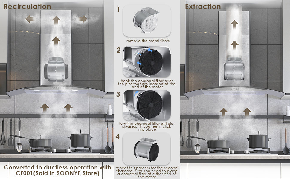 SOONYE 30 Inch Wall Mounted Curved Glass Range Hood with 450 CFM,Stainless Steel kitchen Ductless/Ducted Convertible with 3 Speed Controls,Permanent Baffle Filters and 2 LED Lights