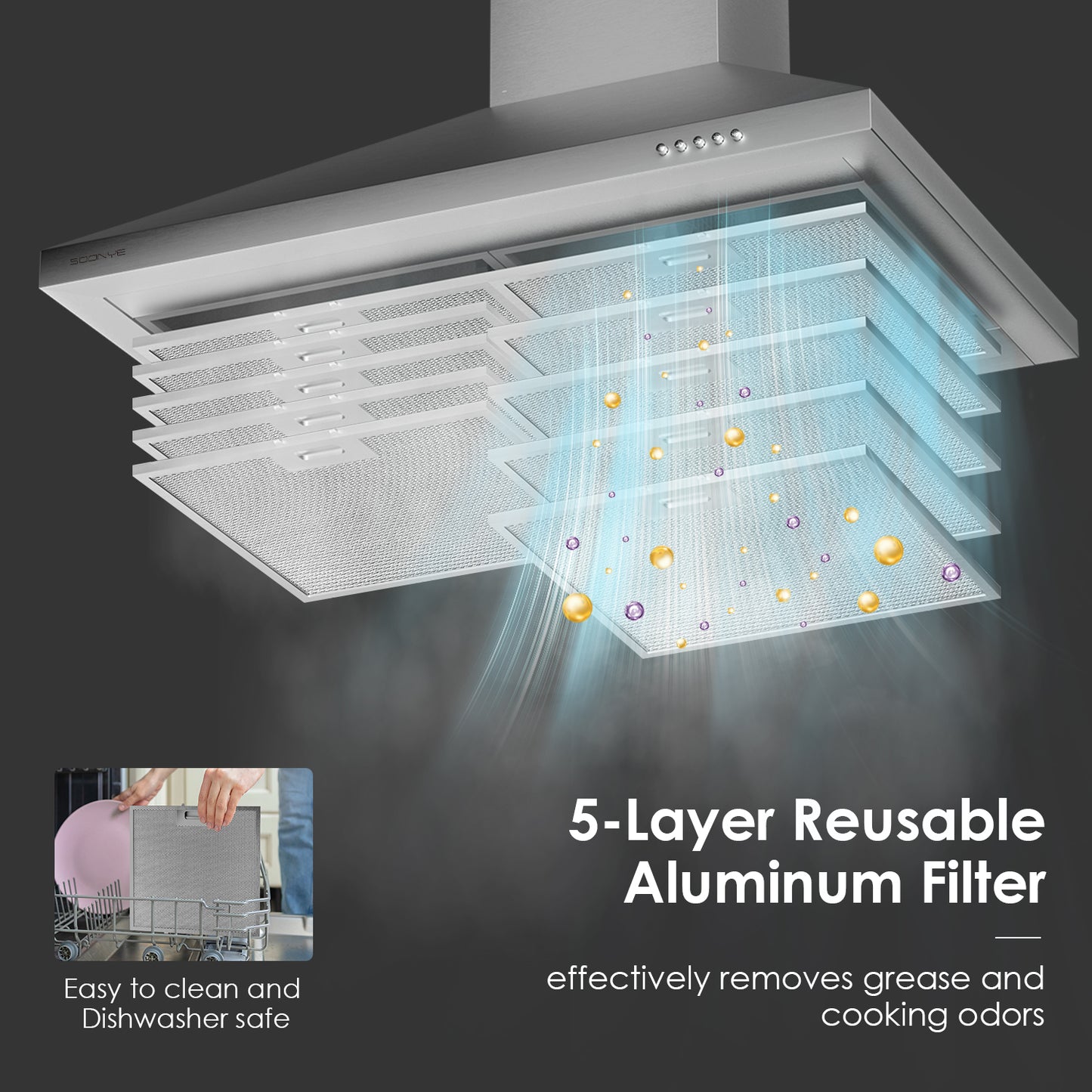 SOONYE 450 CFM Stainless Steel Wall Mount Vent Hood with 3 Speed Exhaust Fan,5-Layer Aluminum Filters, Convertible to Ductless, 30 inches