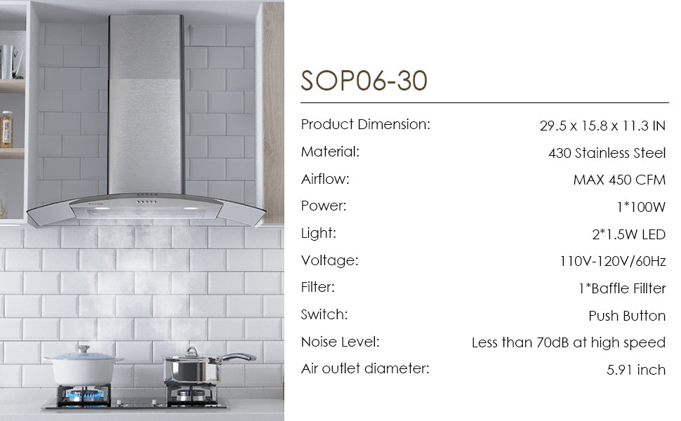 SOONYE 30 Inch Wall Mounted Curved Glass Range Hood with 450 CFM,Stainless Steel kitchen Ductless/Ducted Convertible with 3 Speed Controls,Permanent Baffle Filters and 2 LED Lights