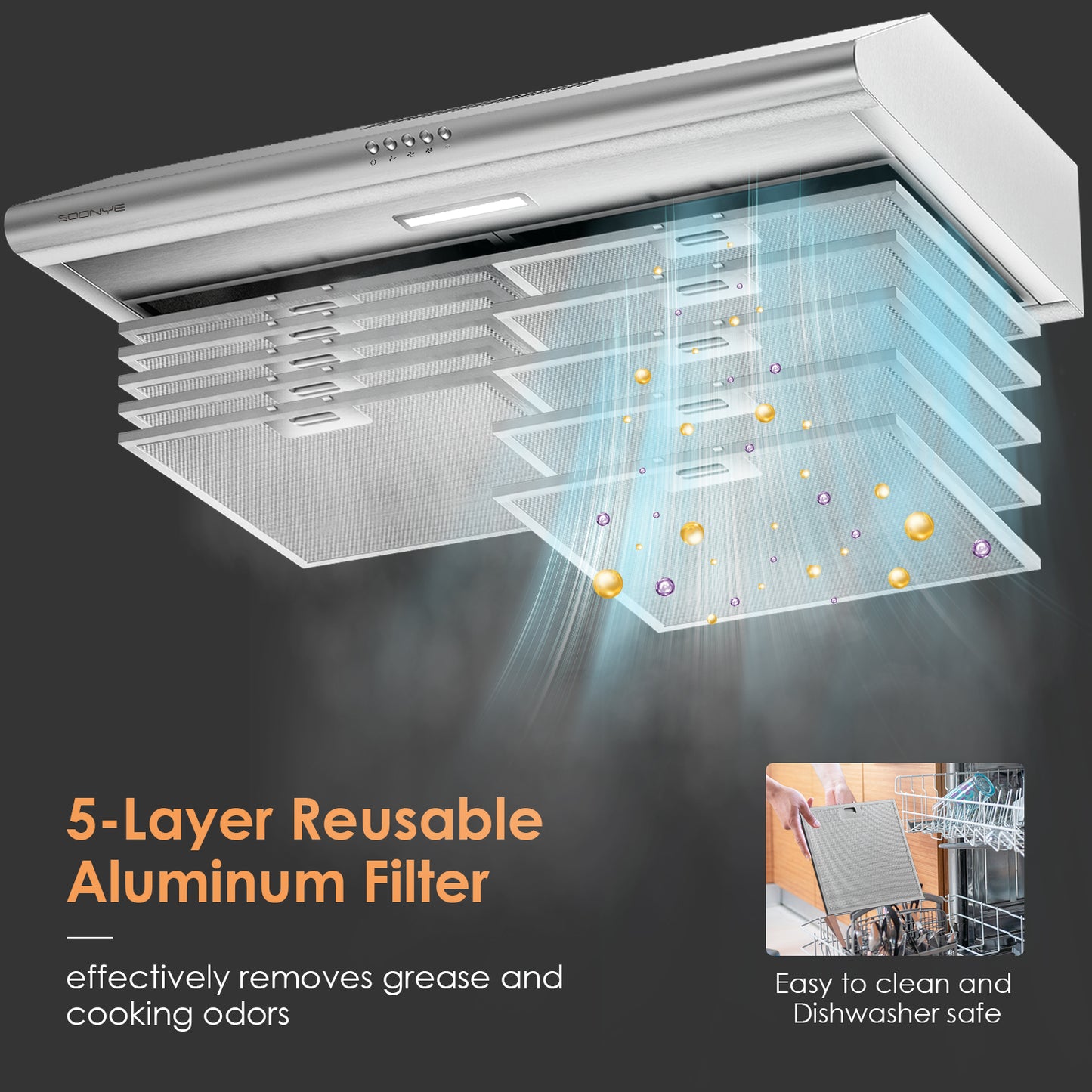 SOONYE 30 inch Stainless Steel Under Cabinet Range Hood, Slim Kitchen Vent Hood Ducted/Ductless Convertible with 3 Speed Controls, 5-Layer Aluminum Filters,LED Lights