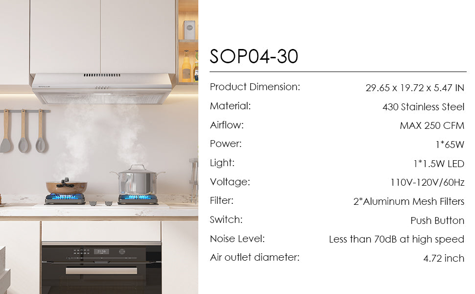 SOONYE 30 inch Stainless Steel Under Cabinet Range Hood, Slim Kitchen Vent Hood Ducted/Ductless Convertible with 3 Speed Controls, 5-Layer Aluminum Filters,LED Lights
