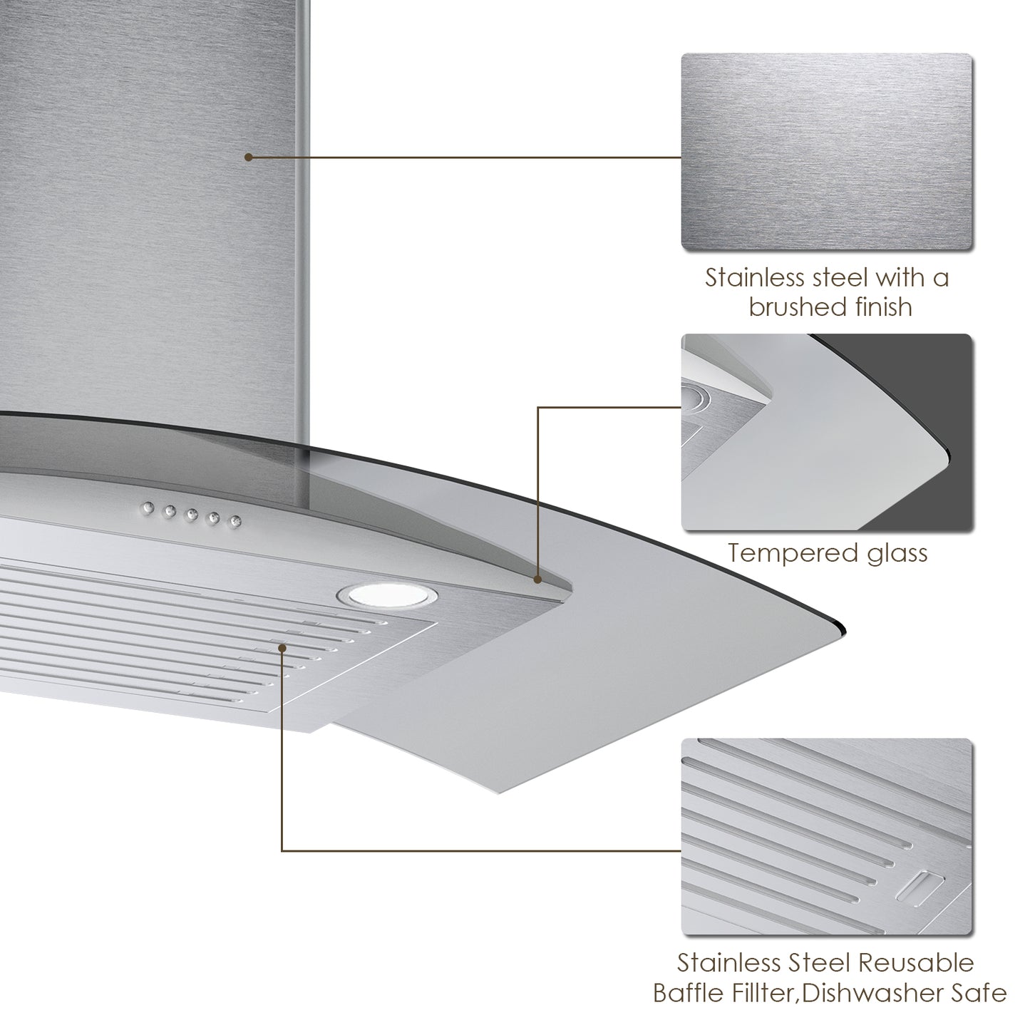 SOONYE 30 Inch Wall Mounted Curved Glass Range Hood with 450 CFM,Stainless Steel kitchen Ductless/Ducted Convertible with 3 Speed Controls,Permanent Baffle Filters and 2 LED Lights