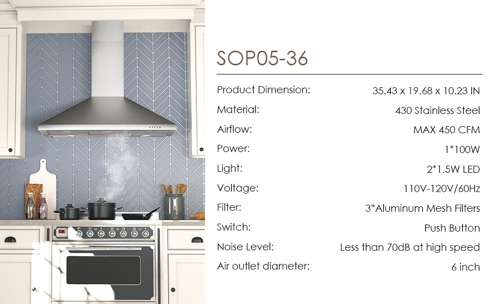 SOONYE 36 inch Stainless Steel Wall Mount Range Hood, 600 CFM Ducted/Ductless Convertible,Kitchen Vent Hood with 3 Speed Controls, 5-Layer Aluminum Filters, 2 LED Lights
