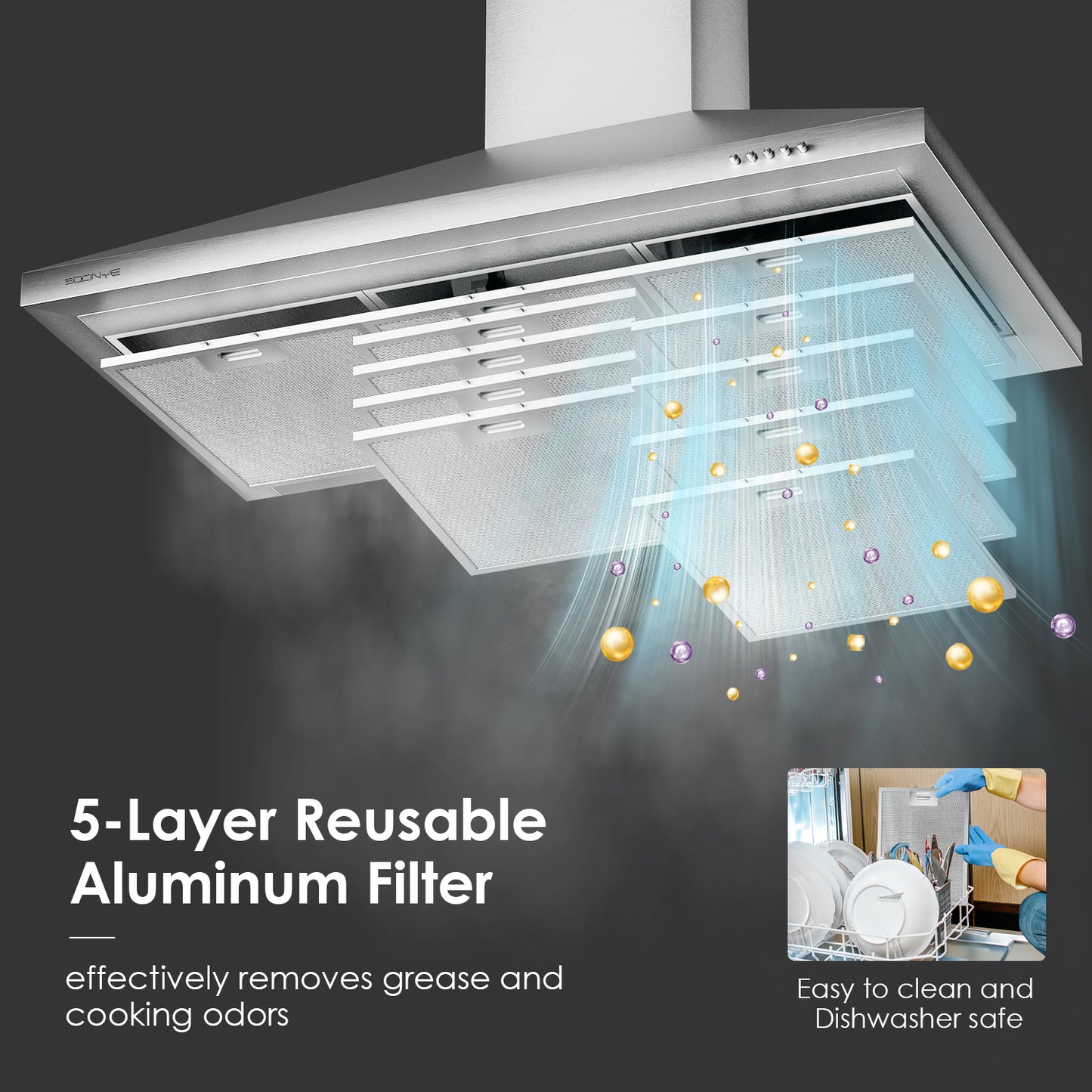 SOONYE 36 inch Stainless Steel Wall Mount Range Hood, 600 CFM Ducted/Ductless Convertible,Kitchen Vent Hood with 3 Speed Controls, 5-Layer Aluminum Filters, 2 LED Lights