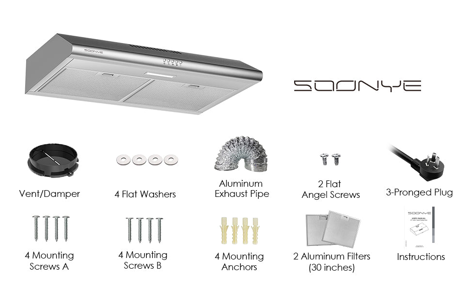 SOONYE 30 inch Stainless Steel Under Cabinet Range Hood, Slim Kitchen Vent Hood Ducted/Ductless Convertible with 3 Speed Controls, 5-Layer Aluminum Filters,LED Lights