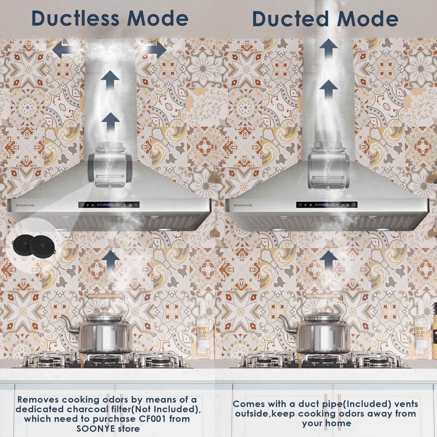 SOONYE Wall Mount Range Hood 30 inch with Ducted/Ductless Convertible,Stainless Steel Range Vent Hood 600 CFM with 2 Pcs Baffle Filters,3 Speed Exhaust Fan,LED Lights,Touch Control