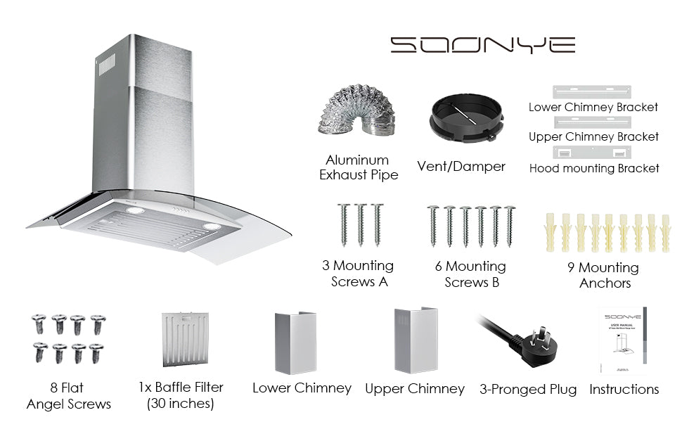 SOONYE 30 Inch Wall Mounted Curved Glass Range Hood with 450 CFM,Stainless Steel kitchen Ductless/Ducted Convertible with 3 Speed Controls,Permanent Baffle Filters and 2 LED Lights