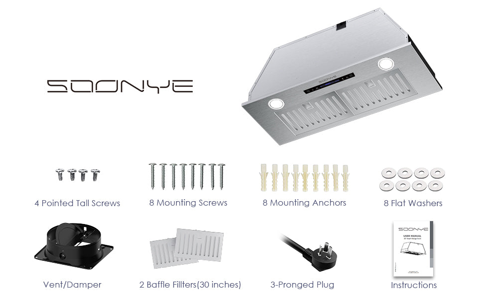 SOONYE Range Hood 30 inch, Insert Range hood 600 CFM Kitchen Vent Stove Hood with 3 Speed Gesture Sensor Touch Control with Remote, Permanent Baffle Filter, Ducted/Ductless Convertible