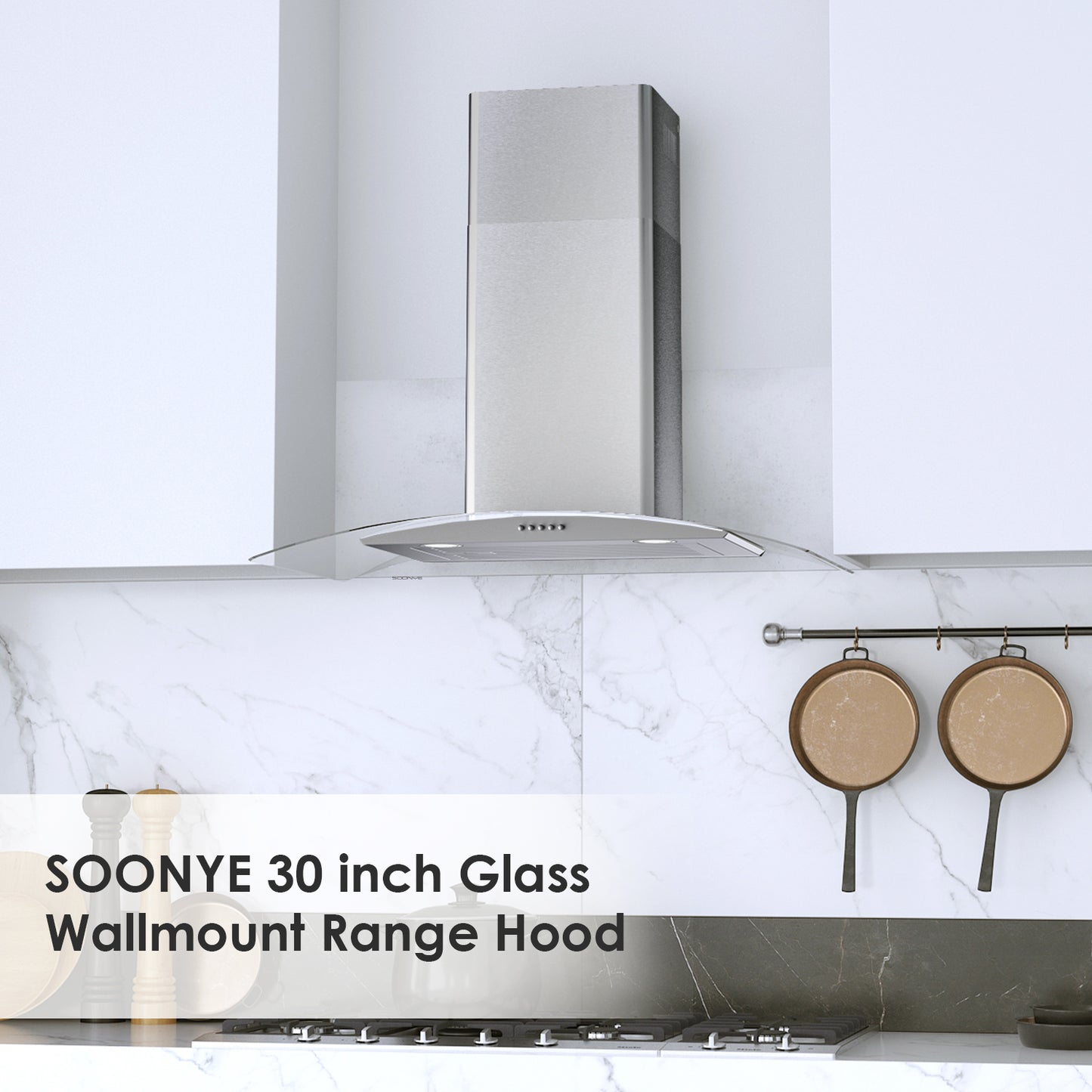SOONYE 30 Inch Wall Mounted Curved Glass Range Hood with 450 CFM,Stainless Steel kitchen Ductless/Ducted Convertible with 3 Speed Controls,Permanent Baffle Filters and 2 LED Lights