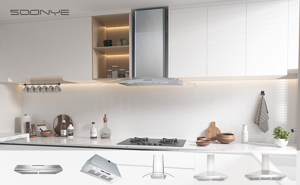 SOONYE 30 Inch Wall Mounted Curved Glass Range Hood with 450 CFM,Stainless Steel kitchen Ductless/Ducted Convertible with 3 Speed Controls,Permanent Baffle Filters and 2 LED Lights