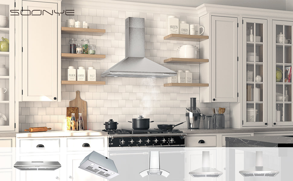 SOONYE 36 inch Stainless Steel Wall Mount Range Hood, 600 CFM Ducted/Ductless Convertible,Kitchen Vent Hood with 3 Speed Controls, 5-Layer Aluminum Filters, 2 LED Lights