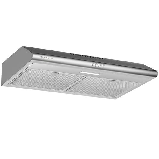 SOONYE 30 inch Stainless Steel Under Cabinet Range Hood, Slim Kitchen Vent Hood Ducted/Ductless Convertible with 3 Speed Controls, 5-Layer Aluminum Filters,LED Lights