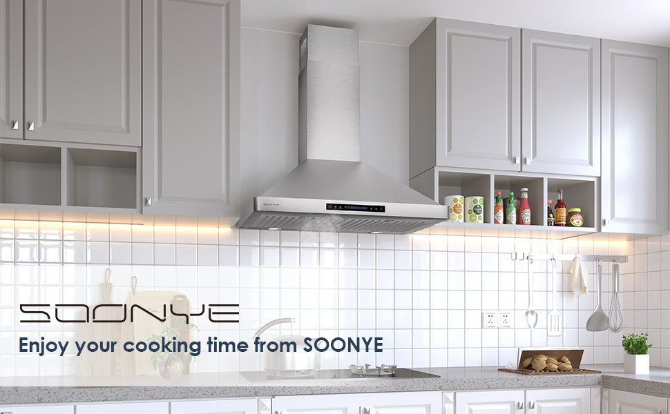 SOONYE Wall Mount Range Hood 30 inch with Ducted/Ductless Convertible,Stainless Steel Range Vent Hood 600 CFM with 2 Pcs Baffle Filters,3 Speed Exhaust Fan,LED Lights,Touch Control