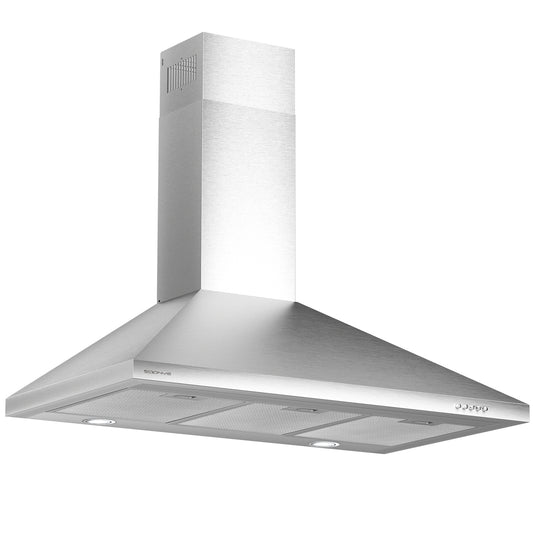 SOONYE 36 inch Stainless Steel Wall Mount Range Hood, 600 CFM Ducted/Ductless Convertible,Kitchen Vent Hood with 3 Speed Controls, 5-Layer Aluminum Filters, 2 LED Lights
