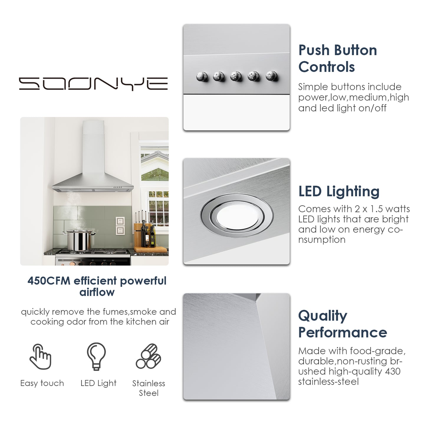 SOONYE 450 CFM Stainless Steel Wall Mount Vent Hood with 3 Speed Exhaust Fan,5-Layer Aluminum Filters, Convertible to Ductless, 30 inches
