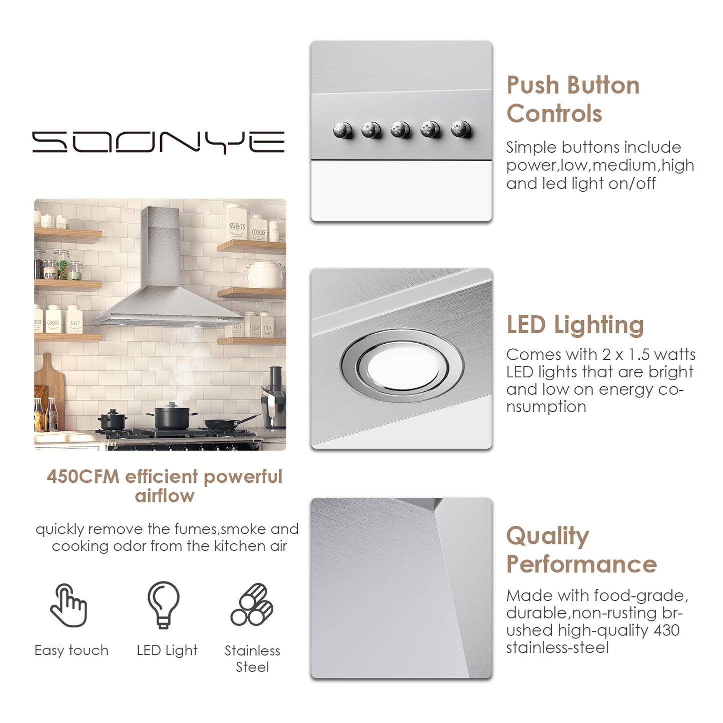 SOONYE 36 inch Stainless Steel Wall Mount Range Hood, 600 CFM Ducted/Ductless Convertible,Kitchen Vent Hood with 3 Speed Controls, 5-Layer Aluminum Filters, 2 LED Lights