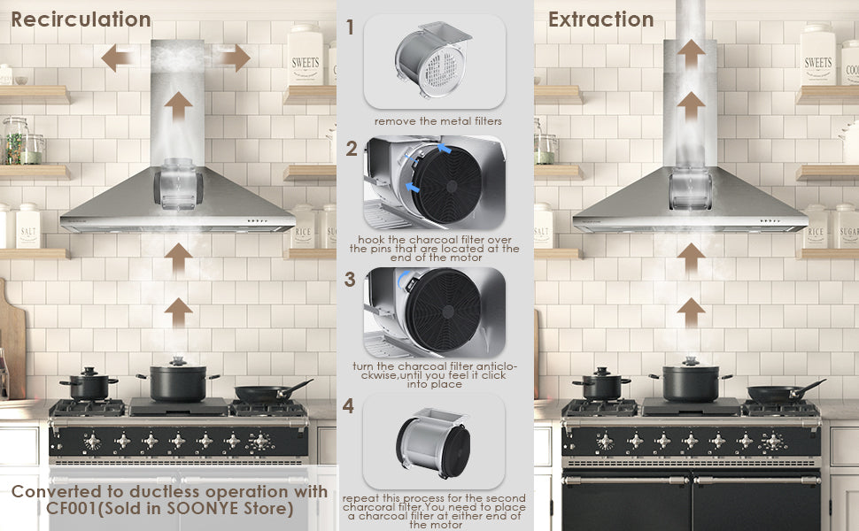 SOONYE 36 inch Stainless Steel Wall Mount Range Hood, 600 CFM Ducted/Ductless Convertible,Kitchen Vent Hood with 3 Speed Controls, 5-Layer Aluminum Filters, 2 LED Lights