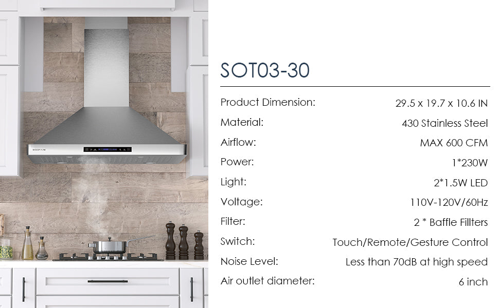 SOONYE Wall Mount Range Hood 30 inch with Ducted/Ductless Convertible,Stainless Steel Range Vent Hood 600 CFM with 2 Pcs Baffle Filters,3 Speed Exhaust Fan,LED Lights,Touch Control