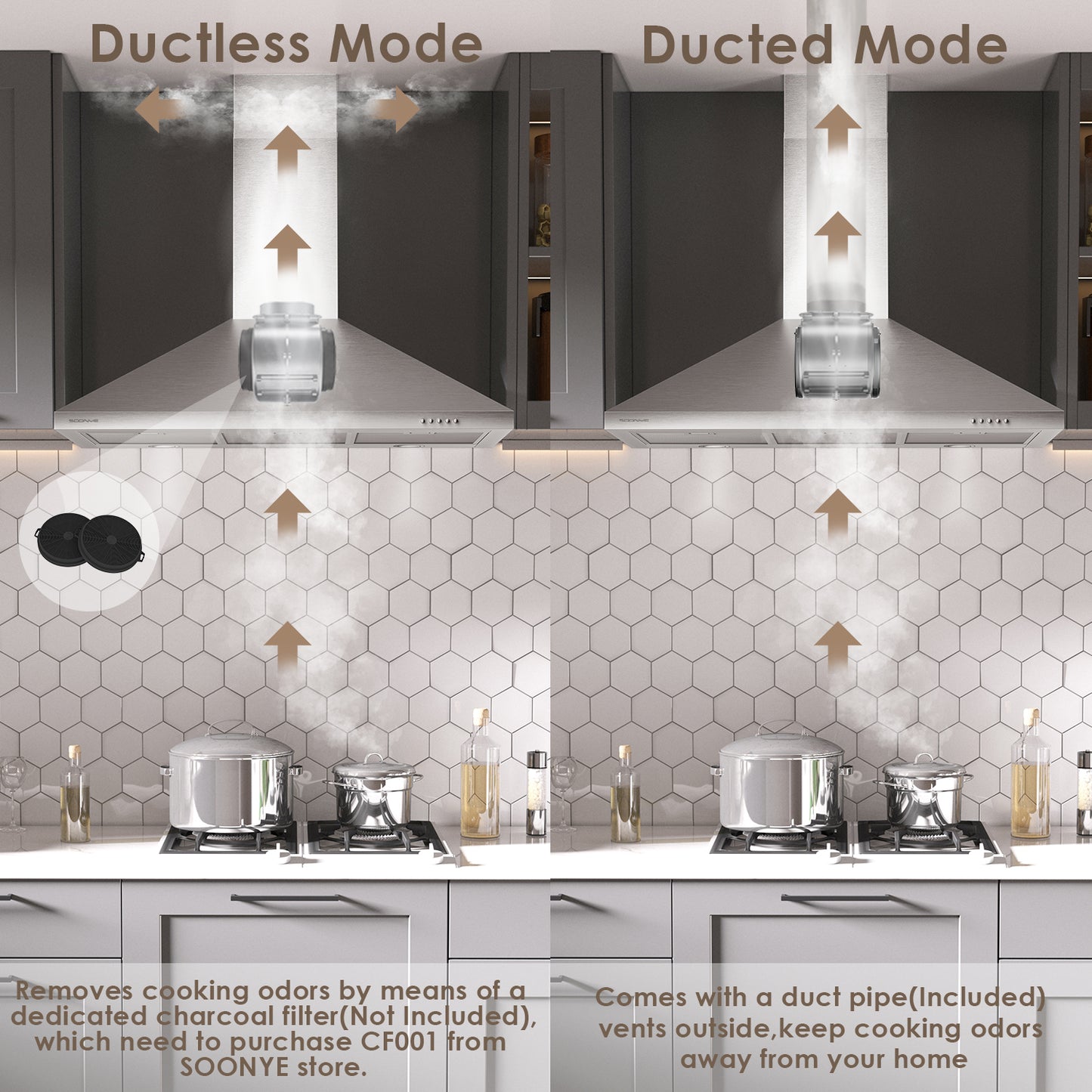 SOONYE 36 inch Stainless Steel Wall Mount Range Hood, 600 CFM Ducted/Ductless Convertible,Kitchen Vent Hood with 3 Speed Controls, 5-Layer Aluminum Filters, 2 LED Lights