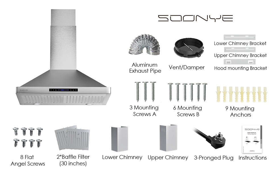 SOONYE Wall Mount Range Hood 30 inch with Ducted/Ductless Convertible,Stainless Steel Range Vent Hood 600 CFM with 2 Pcs Baffle Filters,3 Speed Exhaust Fan,LED Lights,Touch Control