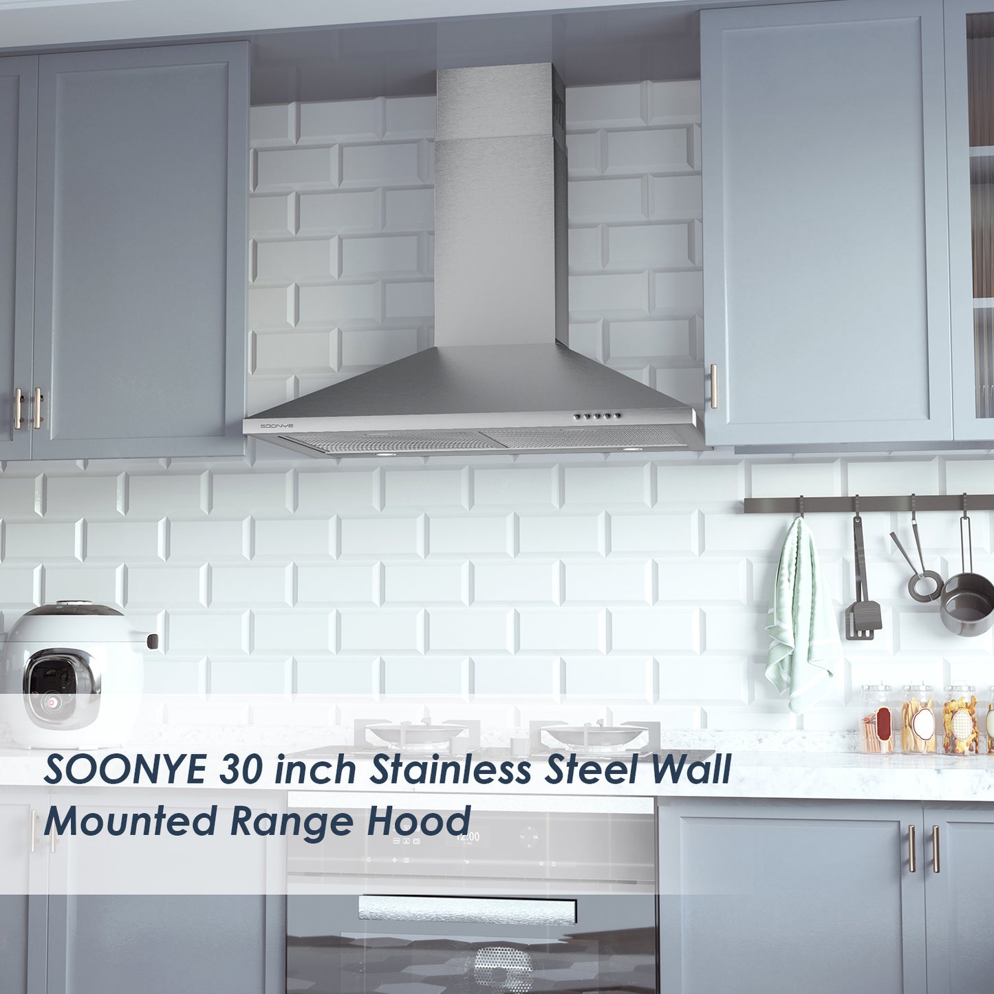 SOONYE 450 CFM Stainless Steel Wall Mount Vent Hood with 3 Speed Exhaust Fan,5-Layer Aluminum Filters, Convertible to Ductless, 30 inches