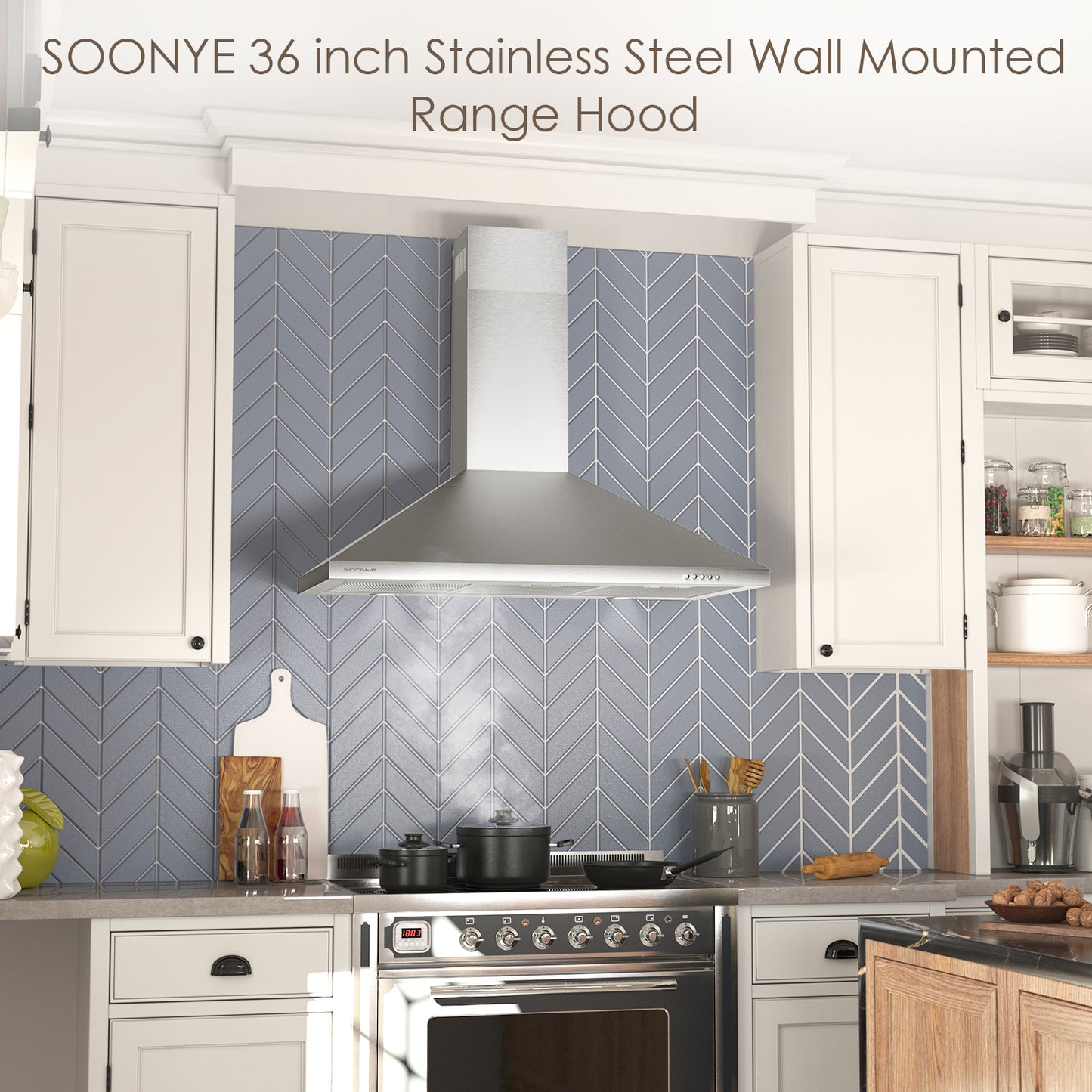 SOONYE 36 inch Stainless Steel Wall Mount Range Hood, 600 CFM Ducted/Ductless Convertible,Kitchen Vent Hood with 3 Speed Controls, 5-Layer Aluminum Filters, 2 LED Lights