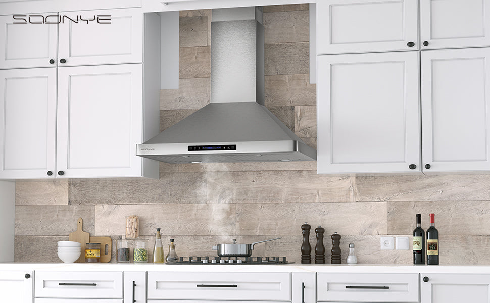 SOONYE Wall Mount Range Hood 30 inch with Ducted/Ductless Convertible,Stainless Steel Range Vent Hood 600 CFM with 2 Pcs Baffle Filters,3 Speed Exhaust Fan,LED Lights,Touch Control