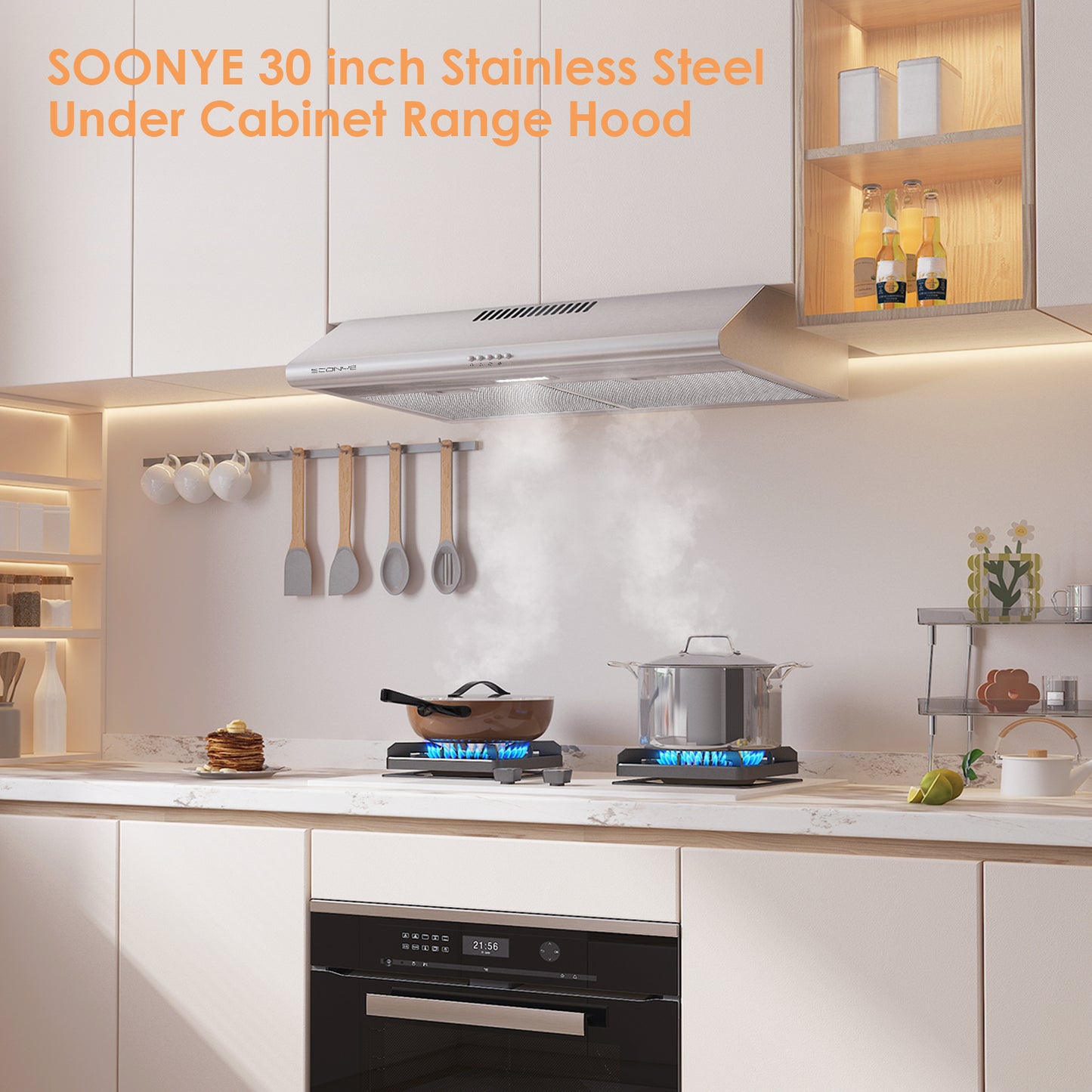 SOONYE Wall Mount Range Hood 30 inch with Ducted/Ductless  Convertible,Stainless Steel Range Vent Hood 600 CFM with 2 Pcs Baffle  Filters,3 Speed