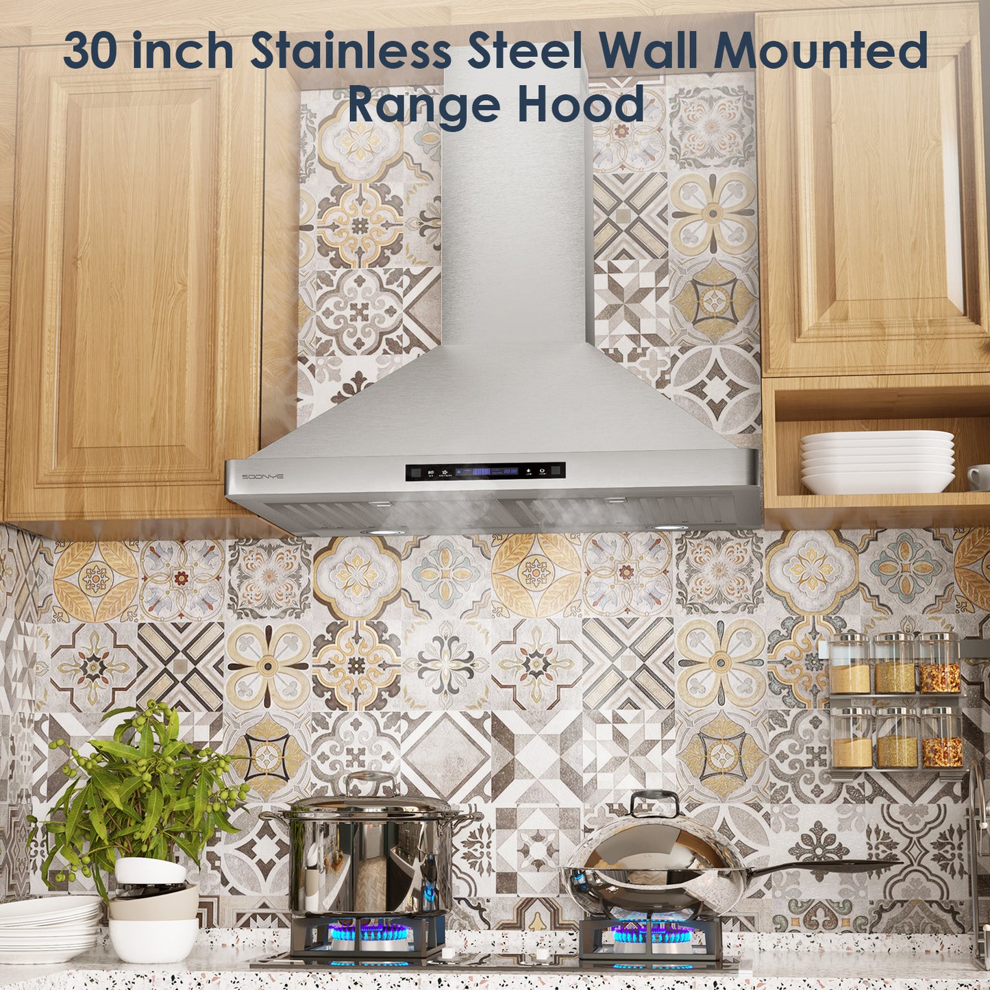 SOONYE Wall Mount Range Hood 30 inch with Ducted/Ductless Convertible,Stainless Steel Range Vent Hood 600 CFM with 2 Pcs Baffle Filters,3 Speed Exhaust Fan,LED Lights,Touch Control