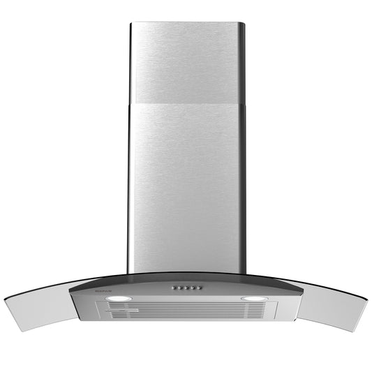 SOONYE 30 Inch Wall Mounted Curved Glass Range Hood with 450 CFM,Stainless Steel kitchen Ductless/Ducted Convertible with 3 Speed Controls,Permanent Baffle Filters and 2 LED Lights
